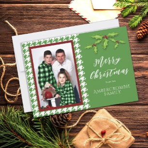 One Photo Green and White Houndstooth Holiday Card