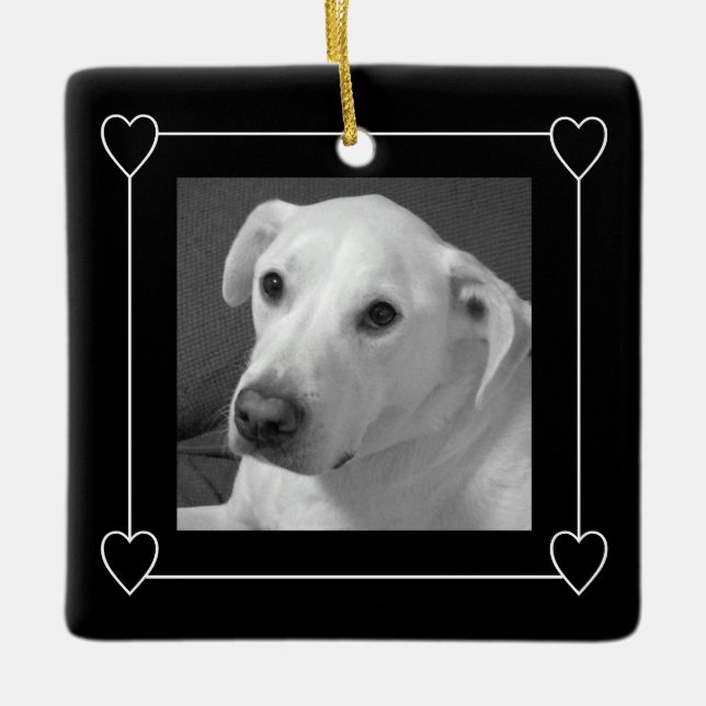 One Photo Heart Frame Black and White Dog Ceramic Ornament (Front)
