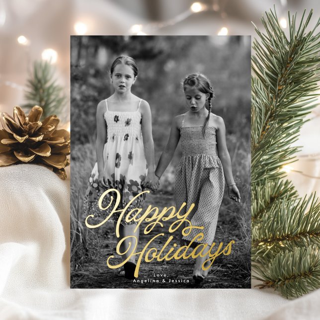 One Photo Lettering Overlay Happy Holidays Gold Foil Holiday Card (Creator Uploaded)