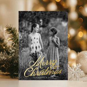 One Photo Lettering Overlay Merry Christmas Gold Foil Holiday Card