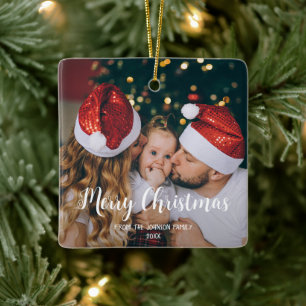 One photo Merry Christmas calligraphy text white  Ceramic Ornament