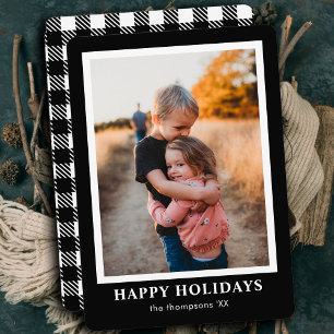 One Photo Minimalist Modern Buffalo Plaid Tartan Holiday Card