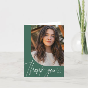 One photo modern green brush script graduation thank you card
