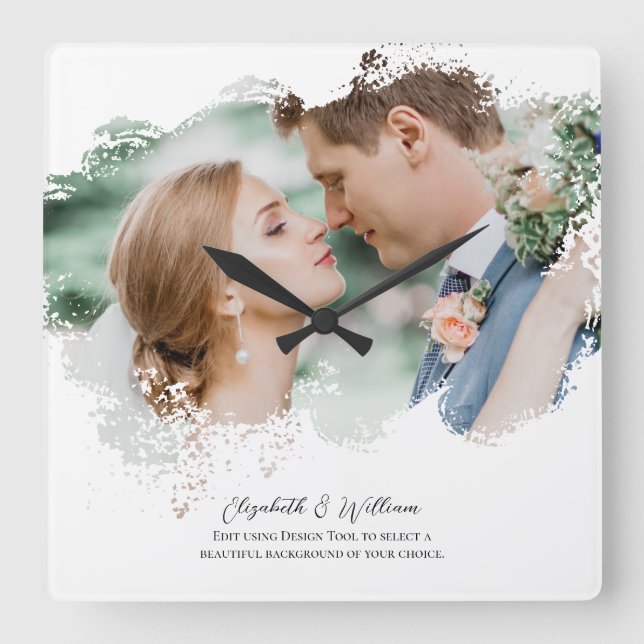 One Photo Overlay Simple Frame Newly Weds Square Wall Clock (Front)