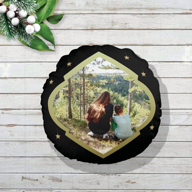 One-photo With Golden Frame And Stars Round Cushion (Creator Uploaded)