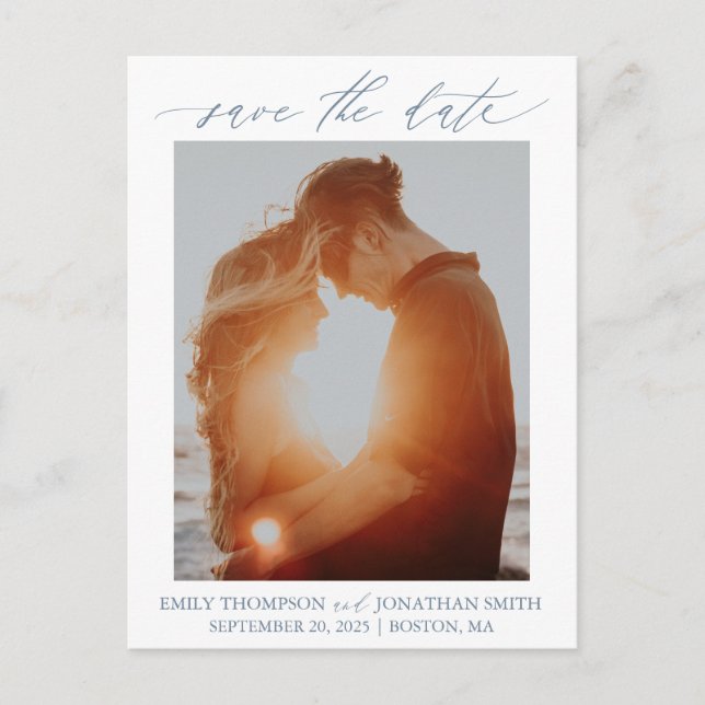 One Picture Save The Date Postcard in Dusty Blue (Front)