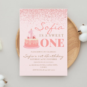 One Pink Sparkle Glitter Sweet 1st Birthday Party Invitation