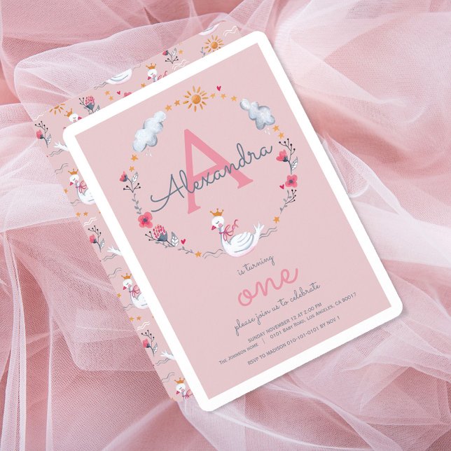 One pink swan monogram girl birthday party invitation (Creator Uploaded)