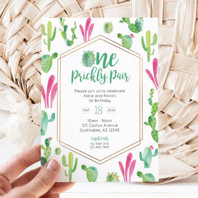 One Prickly Pair Twin Girls 1st Birthday Invite (One Prickly Pair Invite)