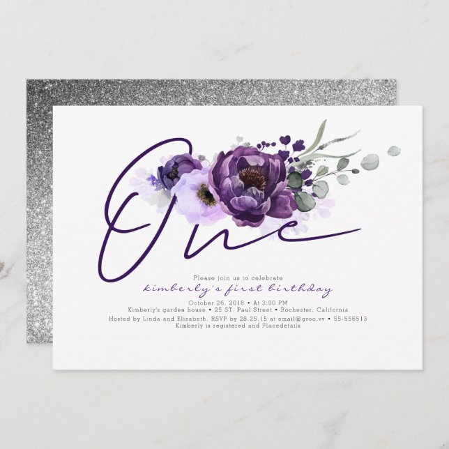 One Purple Flowers 1st Birthday Party Invitation (Front/Back)
