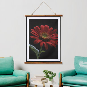 One Red Daisy Left Side On Black, Hanging Tapestry