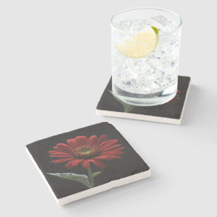 One Red Daisy On Black Left Side, Stone Coaster