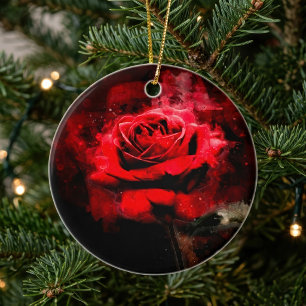 One Red Rose Watercolor on Black Background Ceramic Ornament
