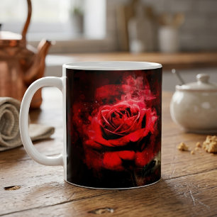 One Red Rose Watercolor on Black Background Coffee Mug