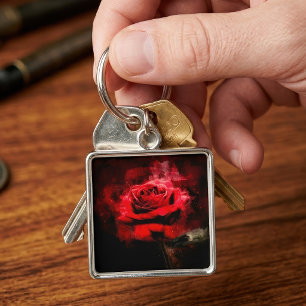 One Red Rose Watercolor on Black Background Key Ring