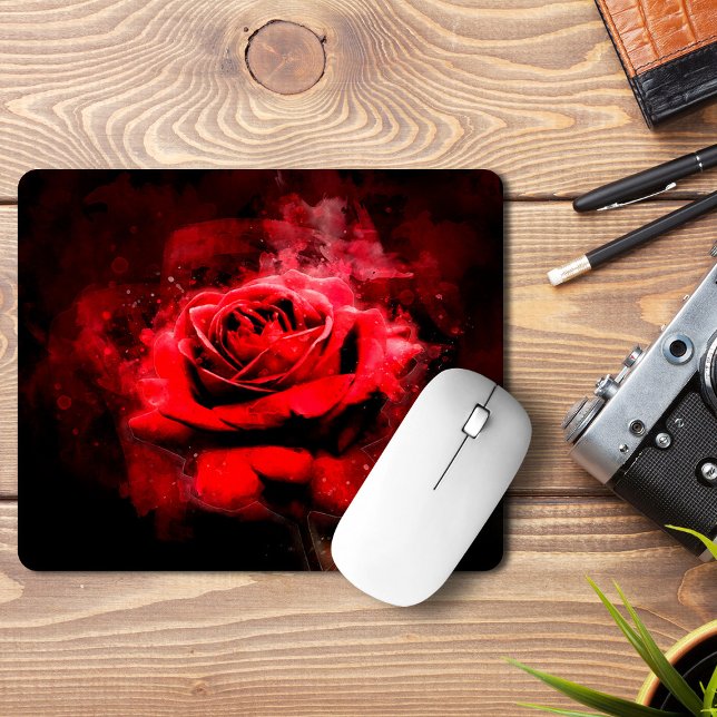 One Red Rose Watercolor on Black Background Mouse Pad (One Red Rose Watercolor on Black Background. Mouse Pad)