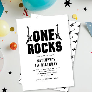 One Rocks Black and White Guitar 1st Birthday  Invitation