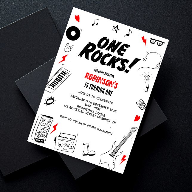 One Rocks Black and white Rockstar 1st Birthday Invitation (Creator Uploaded)