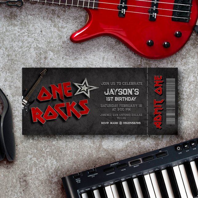 One Rocks - Boy 1st Birthday Invitation (One Rocks - 1st Birthday Ticket Invitation)