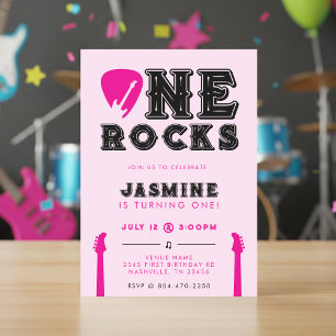 One Rocks Guitar Pick Pink 1st Birthday Party Invitation