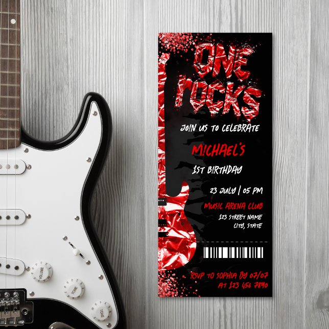 One Rocks Music Themed Concert Ticket Birthday Invitation (red glitter electric guitar on black background concert ticket invitation)