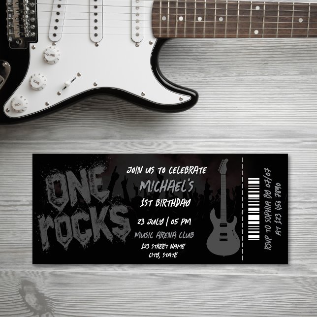 One Rocks Music Themed Concert Ticket Birthday Invitation (ROCK CONCERT TICKET BIRTHDAY INVITATION, BLACK AND SILVER)