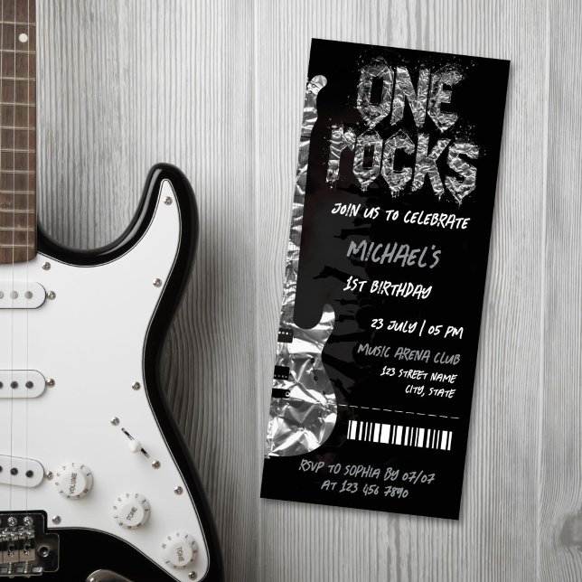 One Rocks Music Themed Concert Ticket Birthday Invitation (rock concert ticket silver and black with electric guitar)