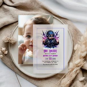 "One Rocks!" Rock Star 1st Birthday Photo Vellum Invitations