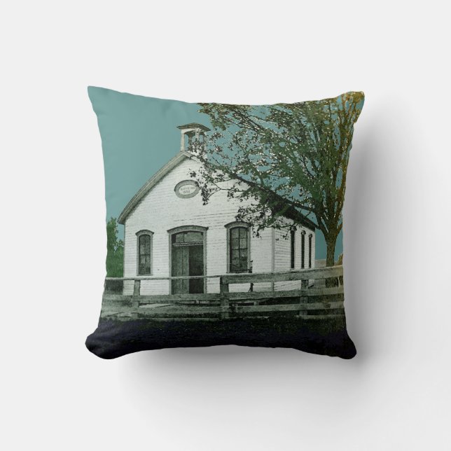 ONE ROOM SCHOOL SCHOOLHOUSE WATERCOLOR TEACHER CUSHION (Front)