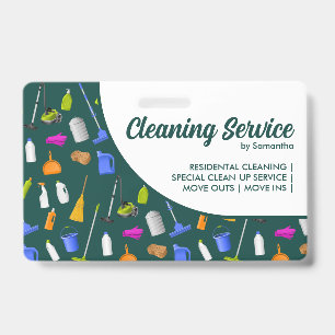one side Green Modern House Cleaning Service ID Badge