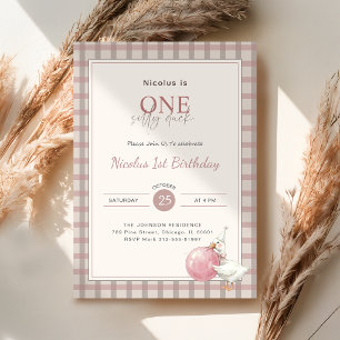 One Silly Duck Pink Bow Baby 1st Birthday Party Invitation
