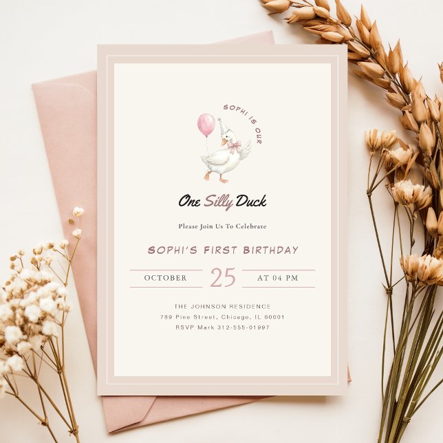 One Silly Duck Pink Bow Tie First Birthday Invitation (Creator Uploaded)