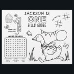 One Silly Goose 1st Birthday Activity Placemat<br><div class="desc">Keep your little party guests entertained with this adorable “One Silly Goose” first birthday activity placemat! Designed with playful black-and-white illustrations, it features a cute party goose, birthday cake, balloons, and fun mini-games like a word search, tic-tac-toe, and a hidden cupcake maze — perfect for colouring and interactive play. Personalise...</div>