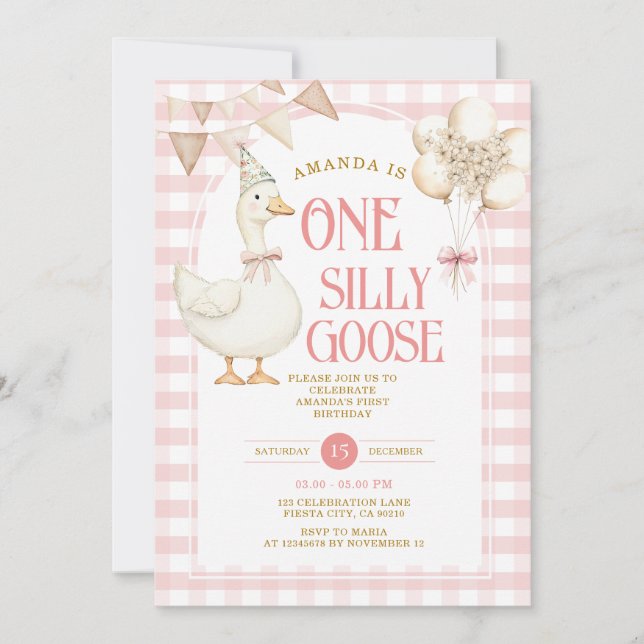 One Silly Goose 1st Birthday Balloon Pink Gingham Invitation (Front)