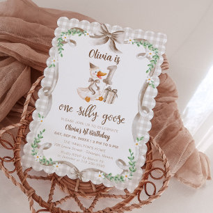 One Silly Goose 1st Birthday Beige & Brown Bow Invitation