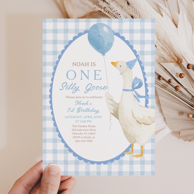 One Silly Goose 1st Birthday: Blue Gingham  Invitation (Creator Uploaded)