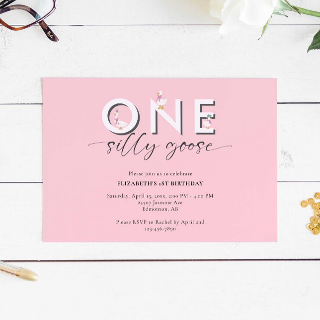 One Silly Goose 1st Birthday Cute Pink Invitation (Creator Uploaded)