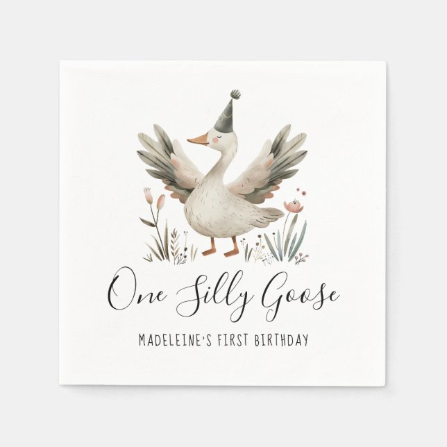 One Silly Goose 1st Birthday Cute Watercolor Napkin (Front)