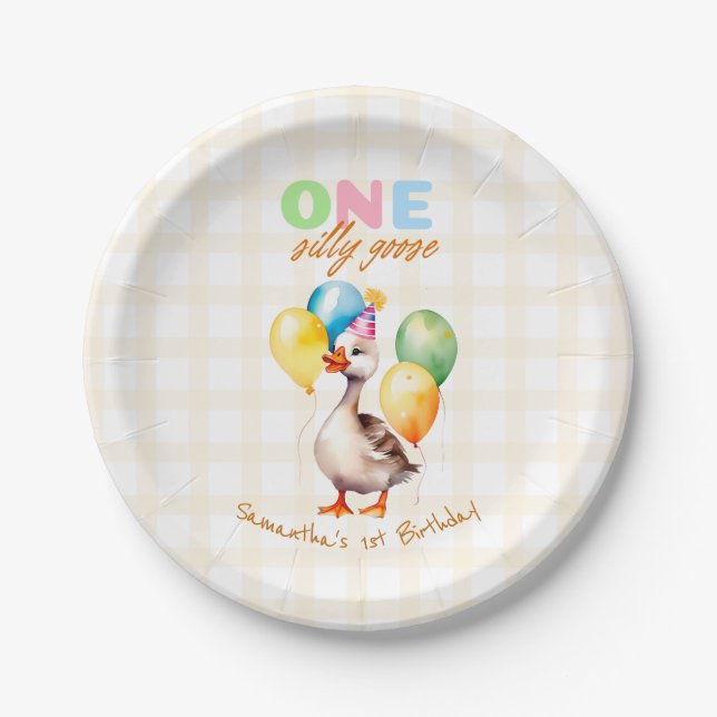 One Silly Goose 1st Birthday Gender Neutral Yellow Paper Plate (Front)