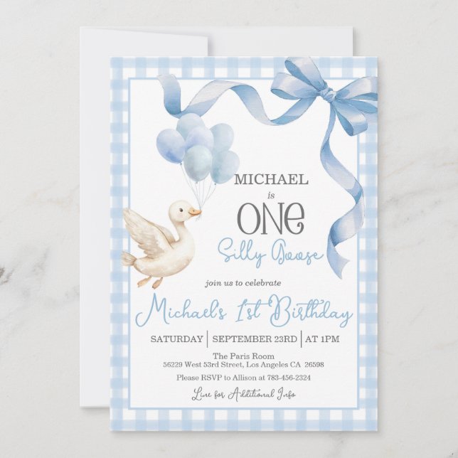 One Silly Goose 1st Birthday Invitation - Blue (Front)
