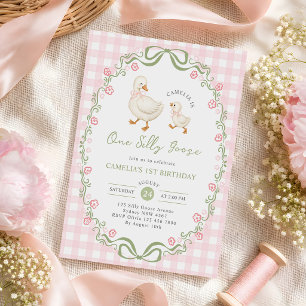 One Silly Goose 1st Birthday Pink Bow Floral Invitation