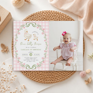 One Silly Goose 1st Birthday Pink Bow Floral Photo Invitation