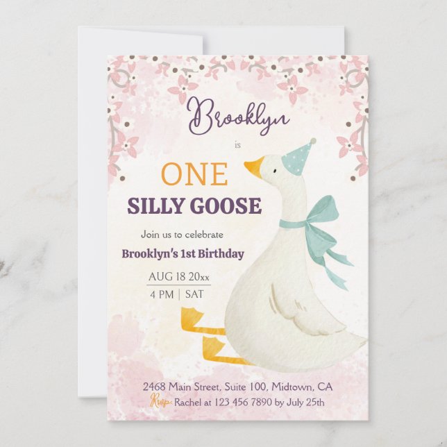 One silly goose 1st birthday pink floral girl cute invitation (Front)