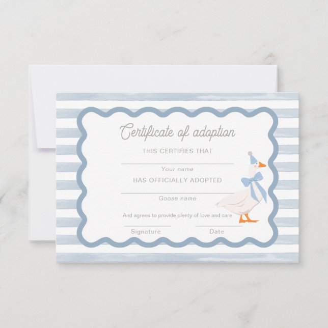 One Silly Goose Adopt a Stuffie Certificate Invitation (Front)
