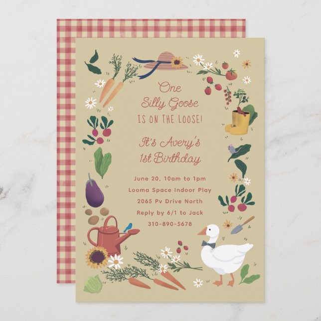 One Silly Goose Aged Farmer Garden Theme Birthday Invitation (Front/Back)