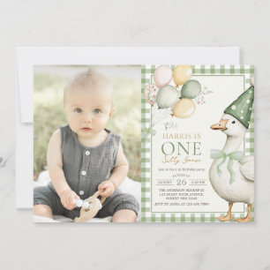 One Silly Goose Balloon Gingham 1st Birthday Photo Invitation