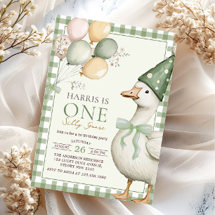 One Silly Goose Balloon Green Gingham 1st Birthday Invitation