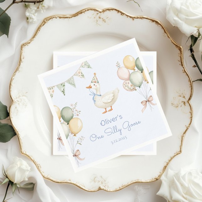 One Silly Goose Balloons Boy 1st Birthday Napkin (Creator Uploaded)