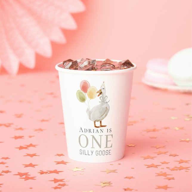 One Silly Goose Beige 1st Birthday Paper Cups (Insitu)
