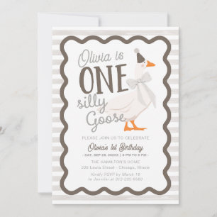 One Silly Goose Beige Bow 1st Birthday Invitation